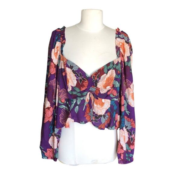 Band of the Free NWT Floriane Purple Floral Print Balloon Sleeve Crop Top Large - Picture 3 of 16